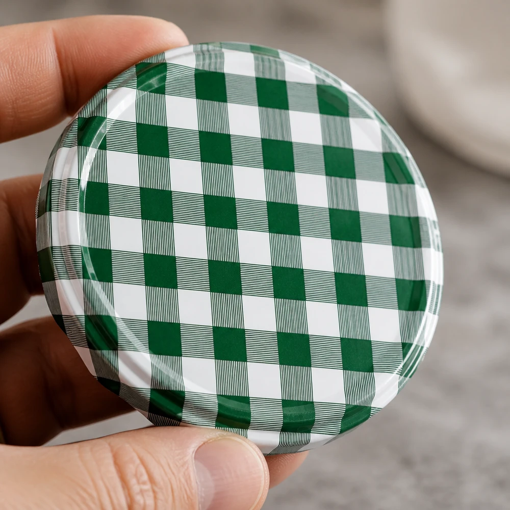 Couvercle de bocaux 82 mm TO82, vert à motif Vichy blanc, surface métallique brillante, BasicSeal