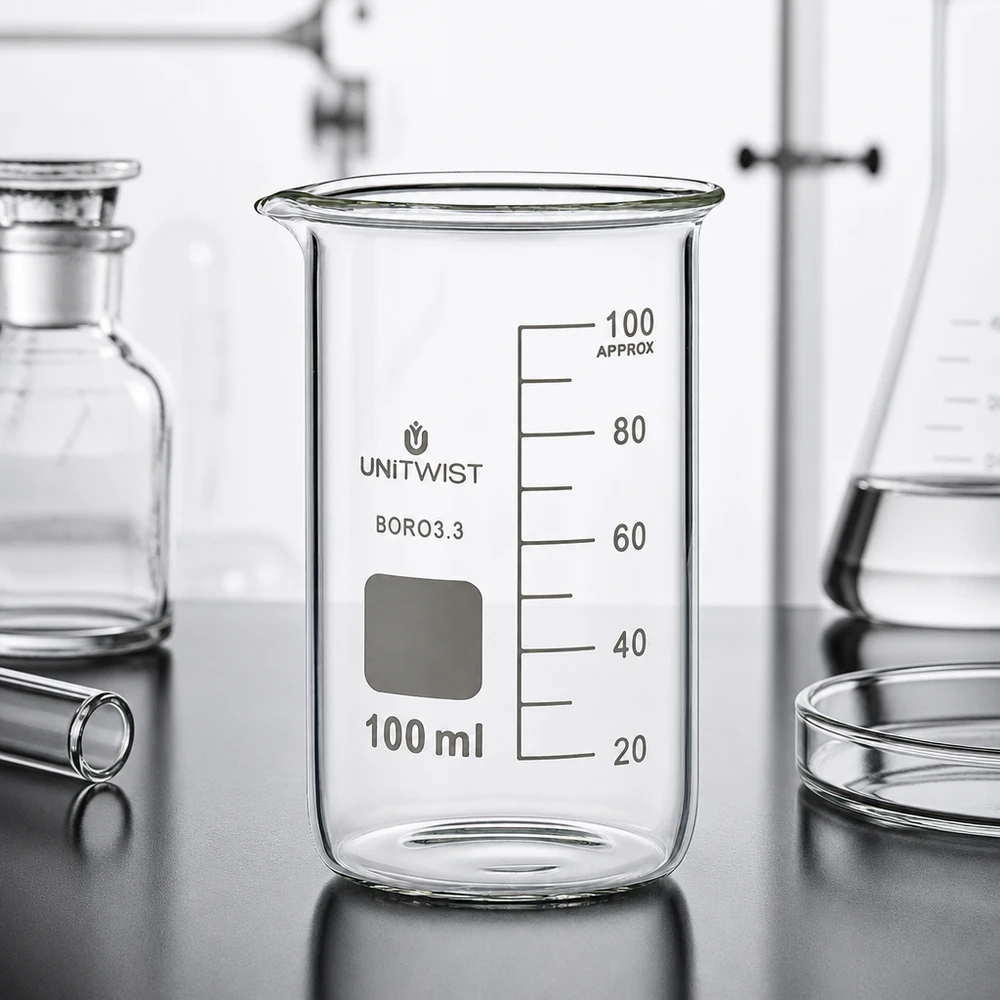 Bécher 100ml borosilicate, forme haute UNITWIST UNITWIST, verre becher en borosilicate de 100 ml, forme haute, avec échelle graduée blanche et zone de marquage grise