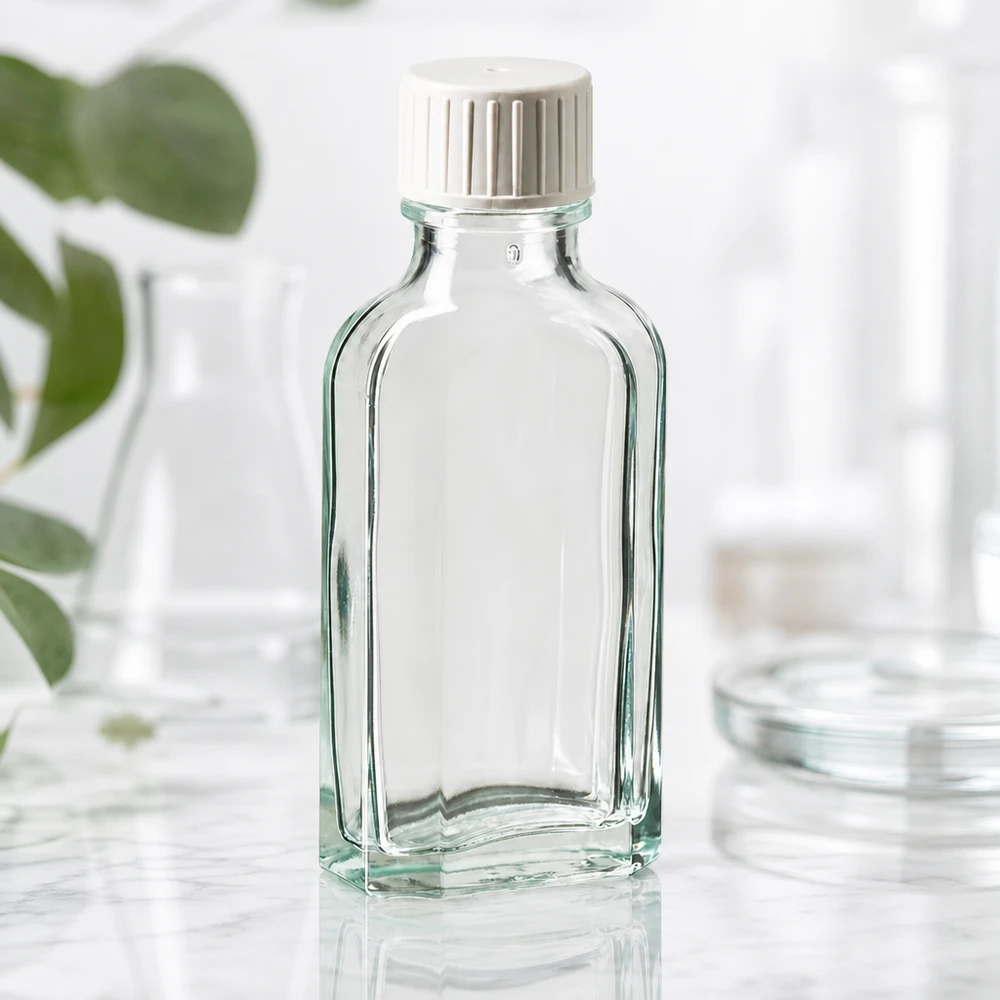 Flasque transparente de 50 ml au goulot DIN 22, avec bouchon à vis DIN 22 blanc et bague anti-gouttes Flacon rectangulaire en verre transparent de 50 ml avec un bouchon blanc rainuré sur fond marbré