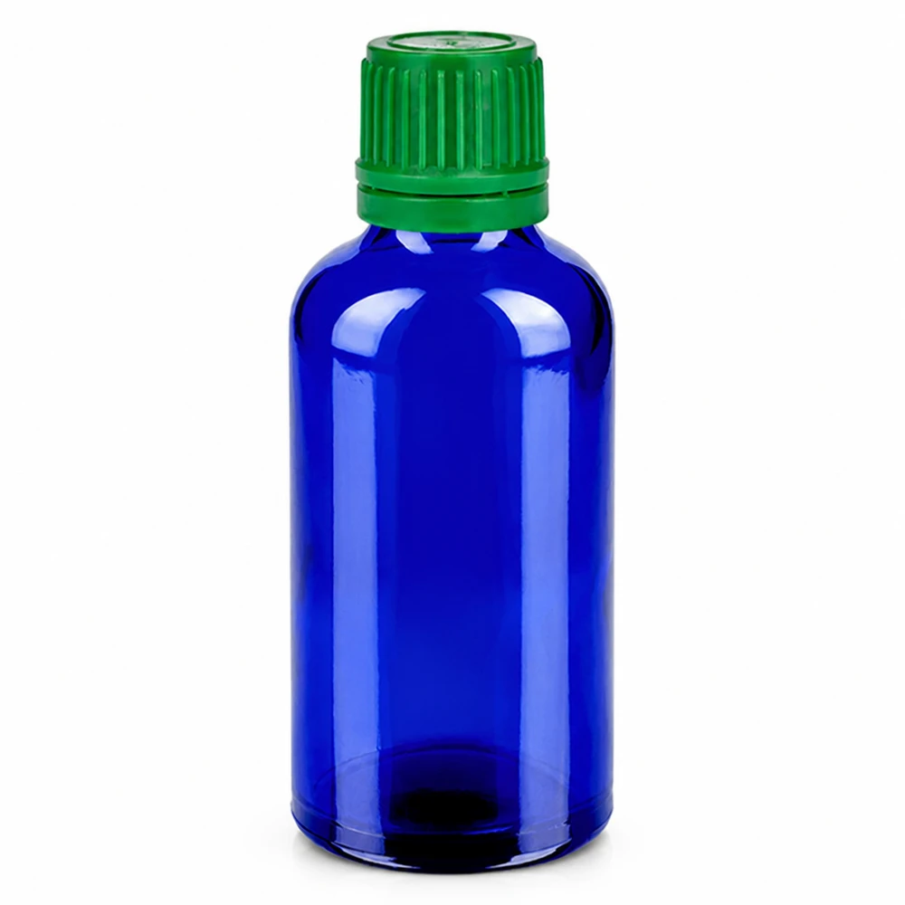 Flacon 50ml 11mm SV vert OV BlueLine UT18/50 Flacon en verre de haute qualité 50ml bleu cobalt avec protection UV et bouchon d'inviolabilité vert