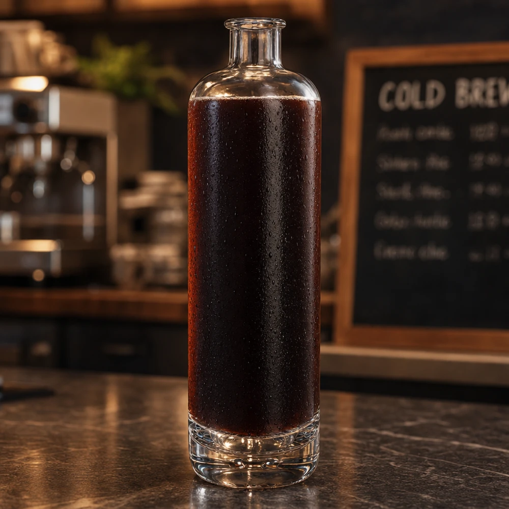 Bouteille en verre 700 ml « Ella » sans bouchon UNiTWIST® Bouteille en verre de 700 ml Ella UNiTWIST remplie de café Cold Brew sur un comptoir de café sombre avec un tableau de menu en arrière-plan