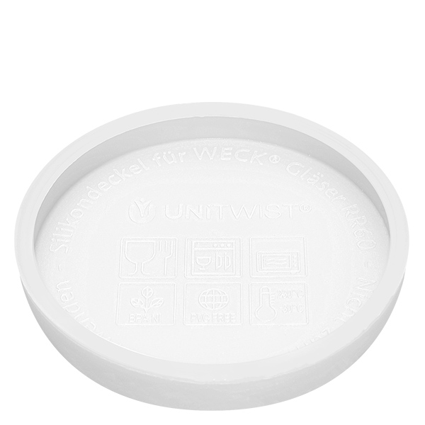 165ml bocal conique WECK RR80 avec couvercle en silicone blanc Couvercle en silicone blanc UNiTWIST pour bocaux WECK RR80 Face inférieure avec marquage du fabricant et désignation du produit