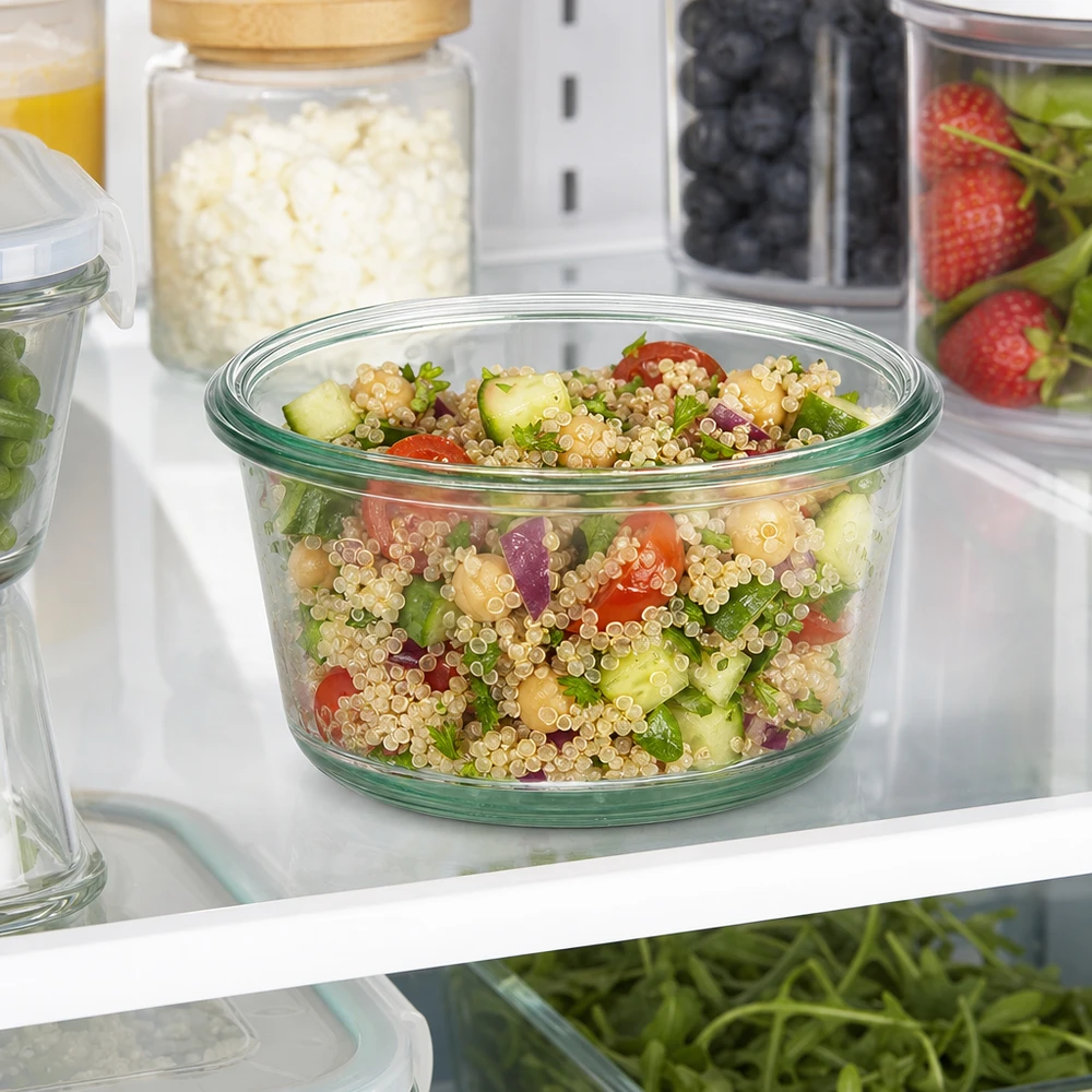 290ml bocal gourmet WECK RR100 WECK RR100 Pot gourmand de 290ml rempli de salade de quinoa dans le réfrigérateur pour la conservation des repas Meal-Prep