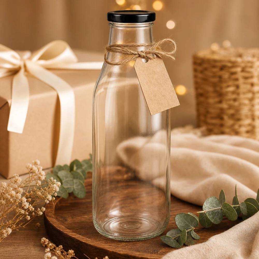 1000ml Bouteille avec couvercle BasicSeal noir UNiTWIST Bouteille en verre de 1000 ml avec couvercle noir, décorée avec un ruban en raphia et un pendentif en papier kraft.