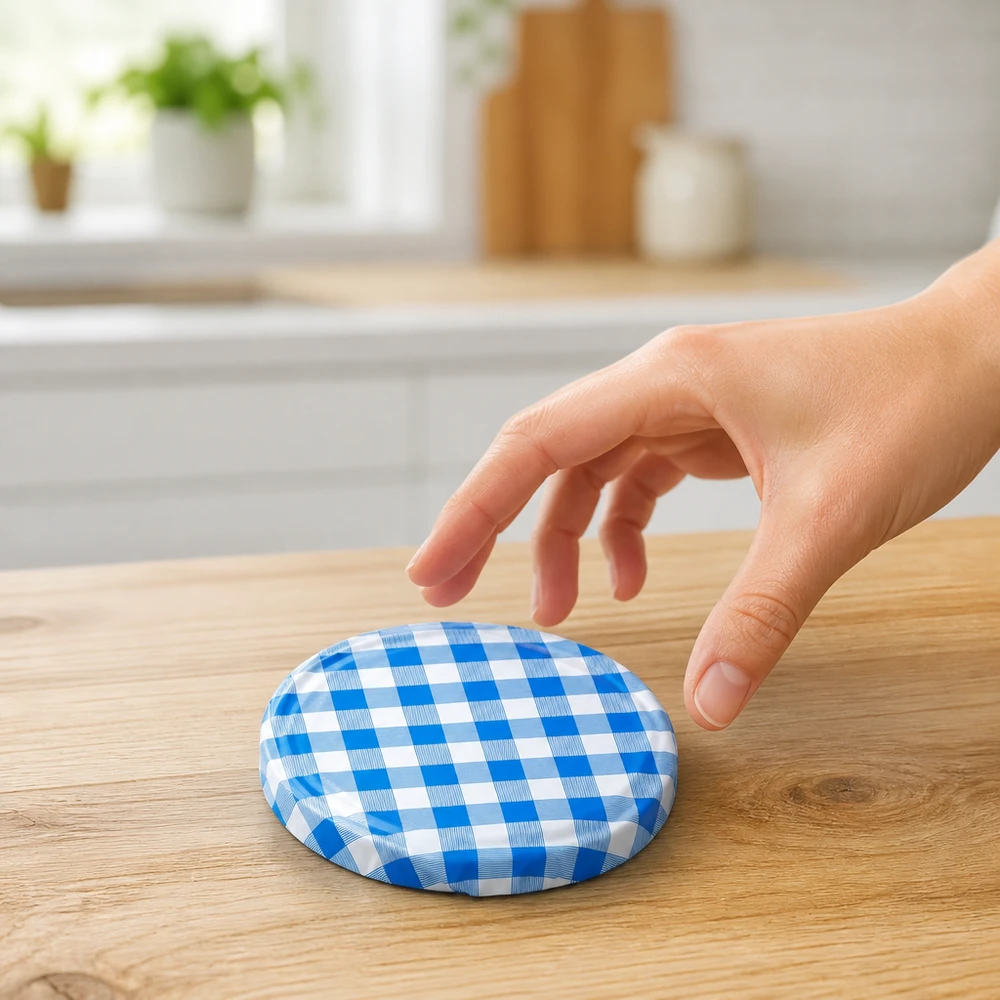 Couvercle BasicSeal TO82, motif à carreaux bleu et blanc, photo du produit, vue de dessus, cuisine