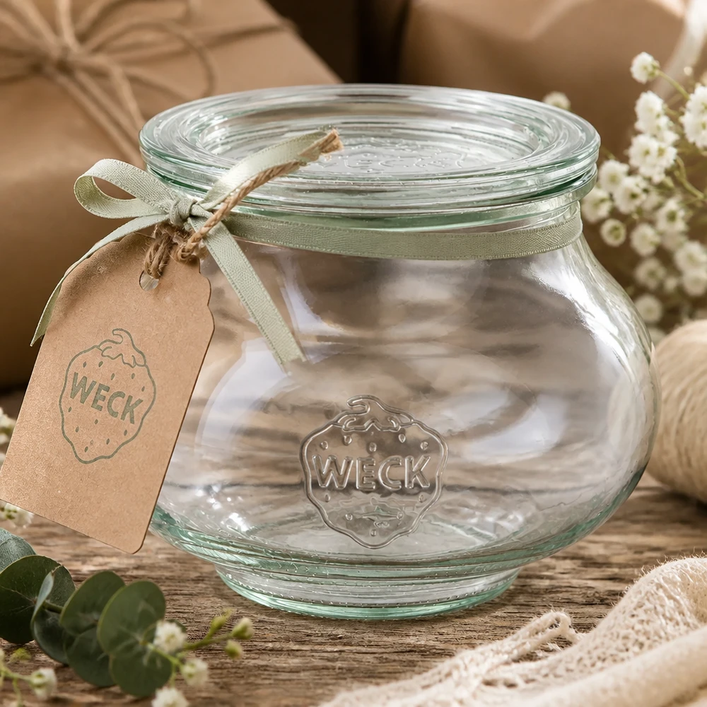 Bocal décoratif de 560 ml avec couvercle en verre WECK RR80 WECK Verre à bijoux 560ml avec ruban de satin vert et pendentif sur table en bois décorée de fleurs et de dentelle