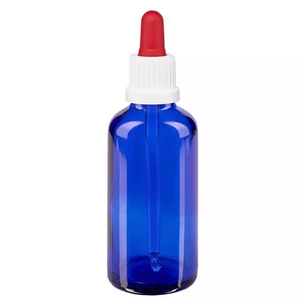 Flacon de pharmacie bleu 50ml Pipette blanc/rouge bouchon inviolabilité