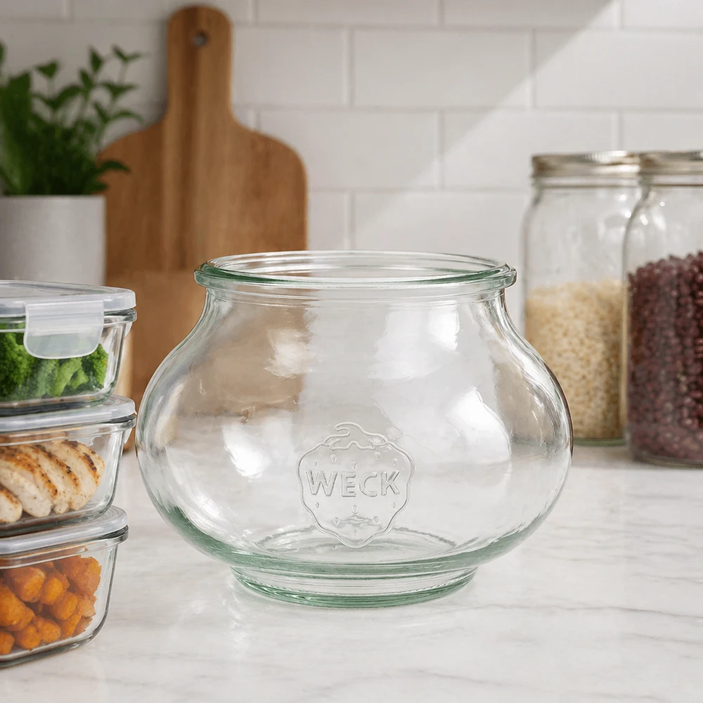 Bocal décoratif WECK RR80 de 560 ml WECK Verre à bijoux 560ml RR80 dans une cuisine moderne entre les bocaux à provisions et les boîtes en verre sur un plan de travail blanc