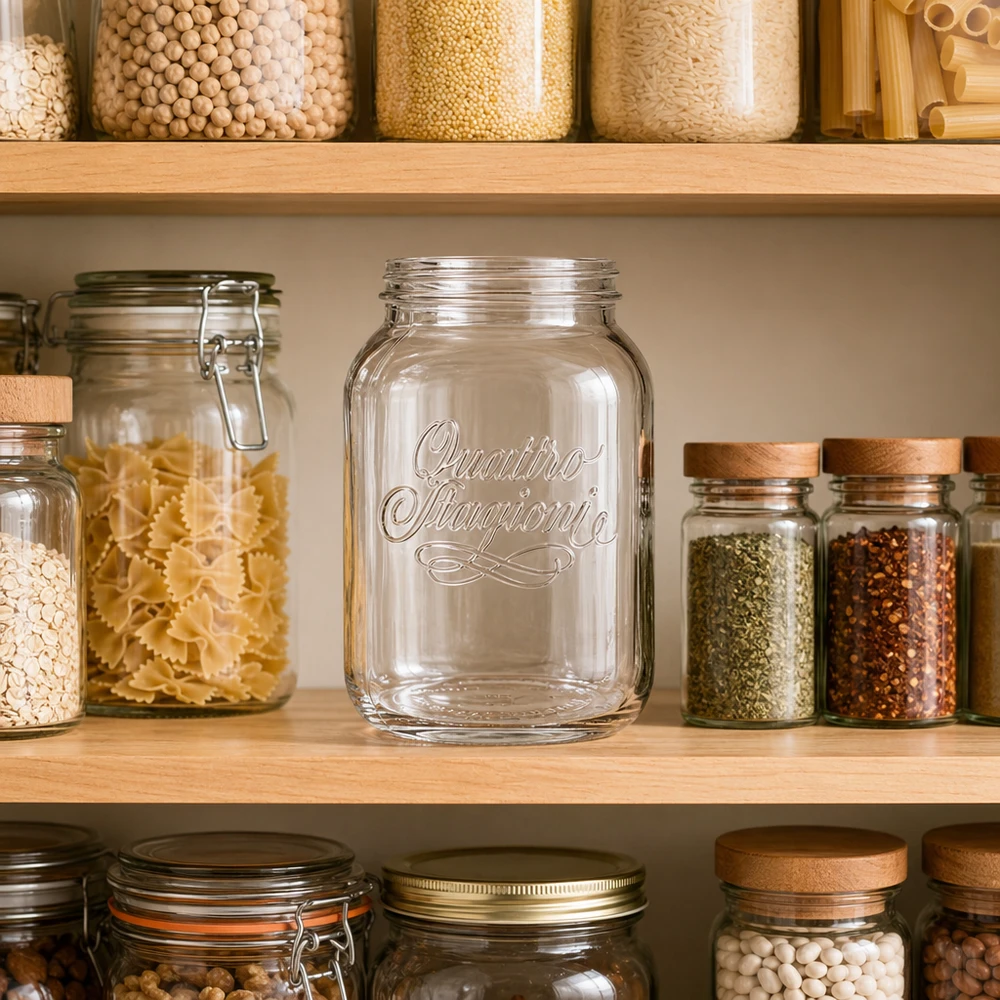 3000ml Verre rond "Quattro Stagioni" QS110mm 3000ml Quattro Stagioni Bocal ménager de stockage dans une cuisine organisée avec des épices pour pâtes et des légumineuses