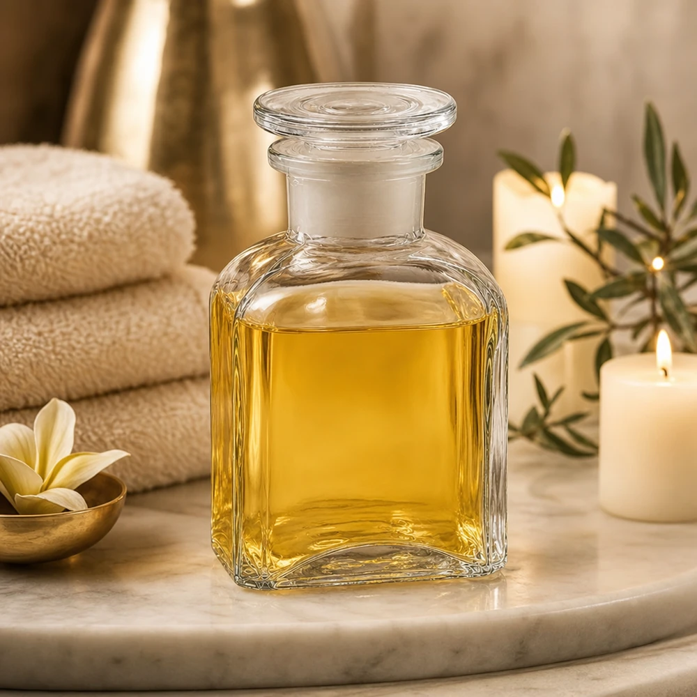 Flacon carré col large 150 ml + bouchon RIN, verre clair Petite bouteille carrée en verre de 150 ml avec bouchon en verre, pour huile de bain et soins du corps