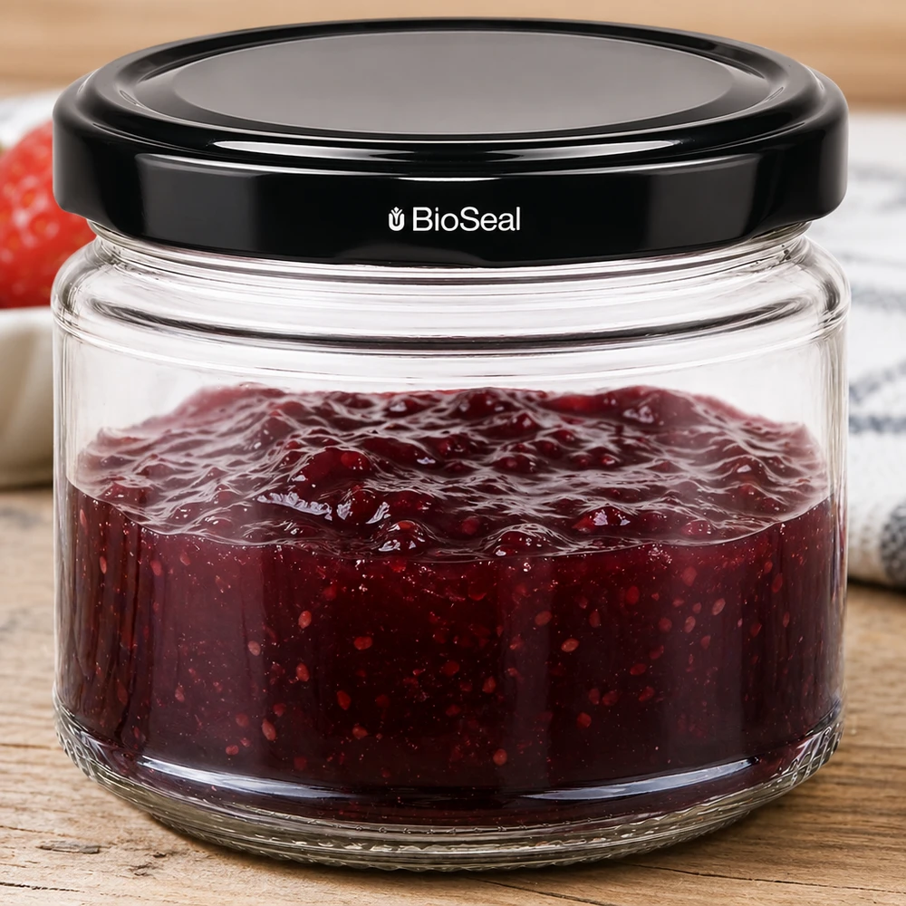 UniTWIST Runda330 Pot de conserve rempli de confiture rouge BioSeal Couvercle confiture Conservation table en bois
