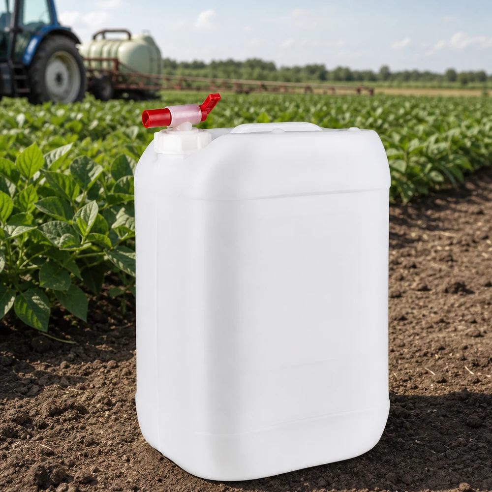 Bidon en plastique de 25 litres, adapté au contact alimentaire, muni d'un robinet verseur pour les produits phytosanitaires