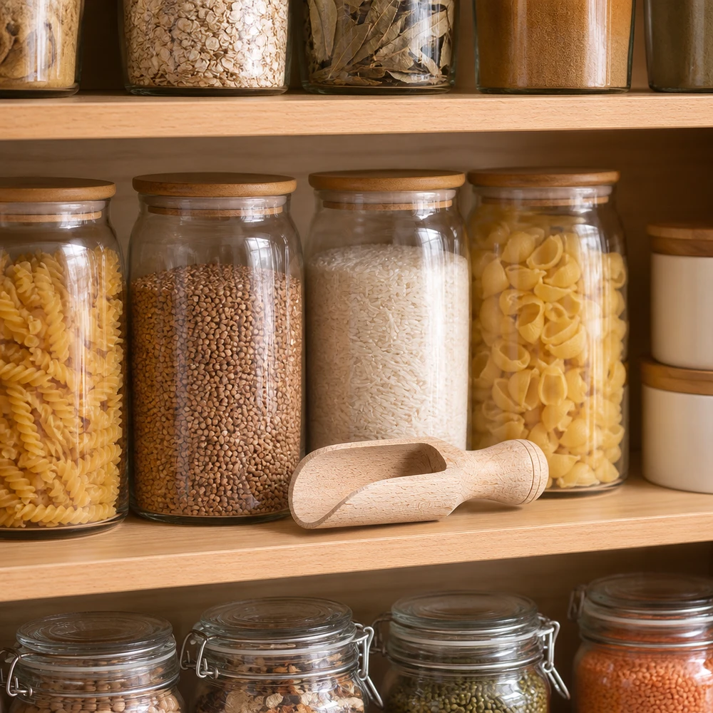 Pelle en bois 7,5cm dans étagère de stockage avec bocaux de riz, de pâtes et d'épices Accessoires de cuisine pratiques