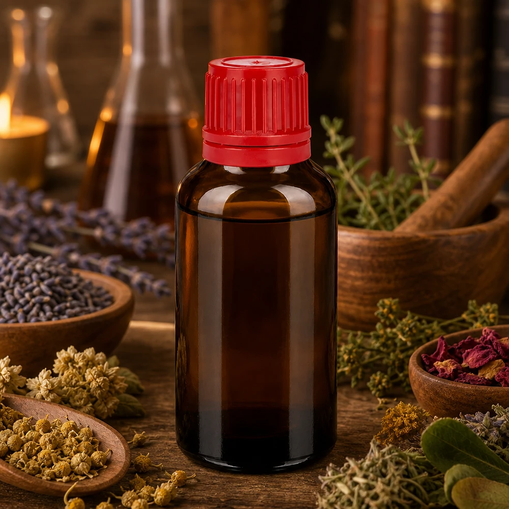 Flacon 30ml 11mm SV rouge OV BrownLine UT18/30 Flacon pharmaceutique robuste de 30 ml en verre brun avec bouchon rouge étanche pour les préparations liquides