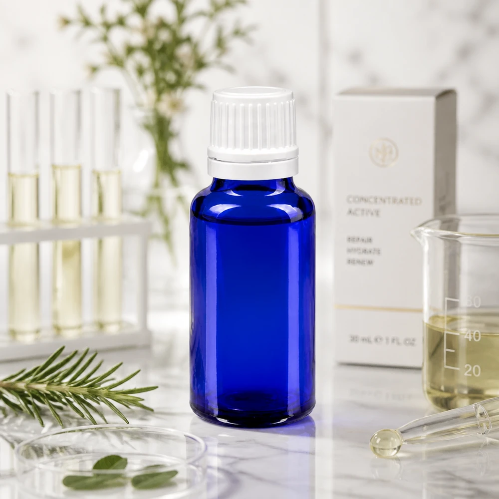 Flacon à pharmacie bleu 20ml bouchon compte-gouttes 1.2mm blanc fermeture inviolable Flacon anti-UV de 20 ml, bleu cobalt, avec bouchon doseur de 0,7 mm pour sérums et produits cosmétiques