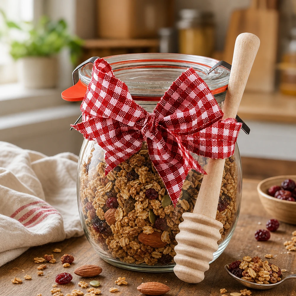 Mini bocal tulipe WECK 220 ml complet avec cuillère à miel et nud WECK Pot tulipe 220ml rempli de céréales et de noix, décoré d'un ruban à carreaux rouge et blanc et d'une cuillère à miel