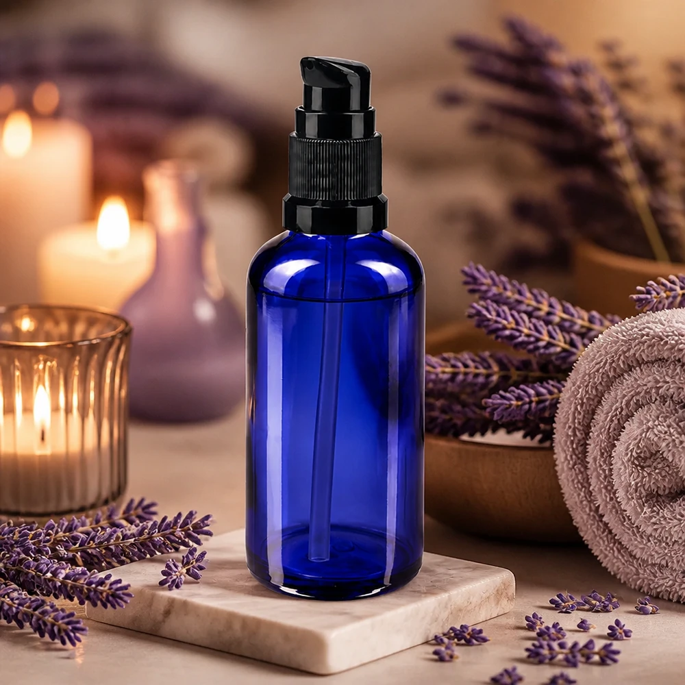 Flacon en verre bleu cobalt de 50 ml muni d'une pompe doseuse, entouré de fleurs de lavande et de bougies