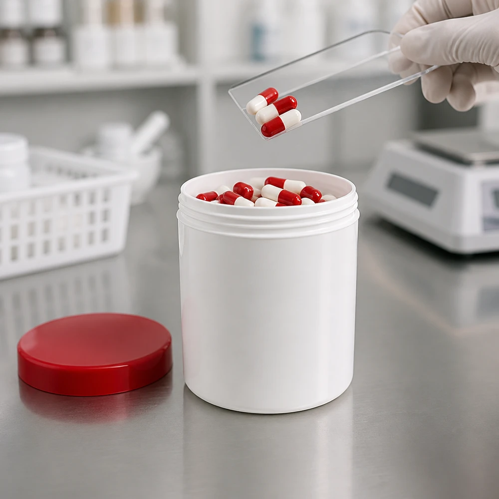 Unité d'emballage médical : pot à pommade de 10 g, blanc, avec couvercle rouge, conforme aux normes d'assurance qualité pharmaceutique