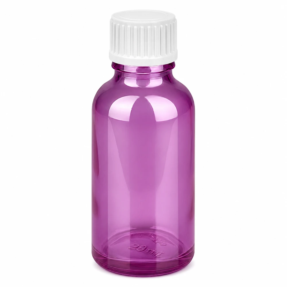 Flacon de 30ml (globules). Anneau de coulée 3mm blanc Standard PurpleLine. UT18/30 Bouteille en verre de haute qualité de 30 ml en violet brillant pour les sérums, les huiles et les produits cosmétiques liquides.