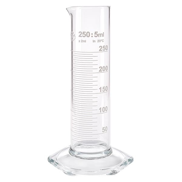 Éprouvette graduée 250 ml, forme basse et graduations blanches, ISO 4788 Éprouvette graduée 250 ml, forme basse et graduations blanches, ISO 4788
