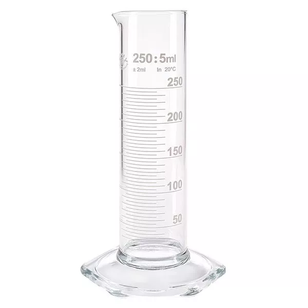 Éprouvette graduée 250 ml, forme basse et graduations blanches, ISO 4788 Éprouvette graduée 250 ml, forme basse et graduations blanches, ISO 4788