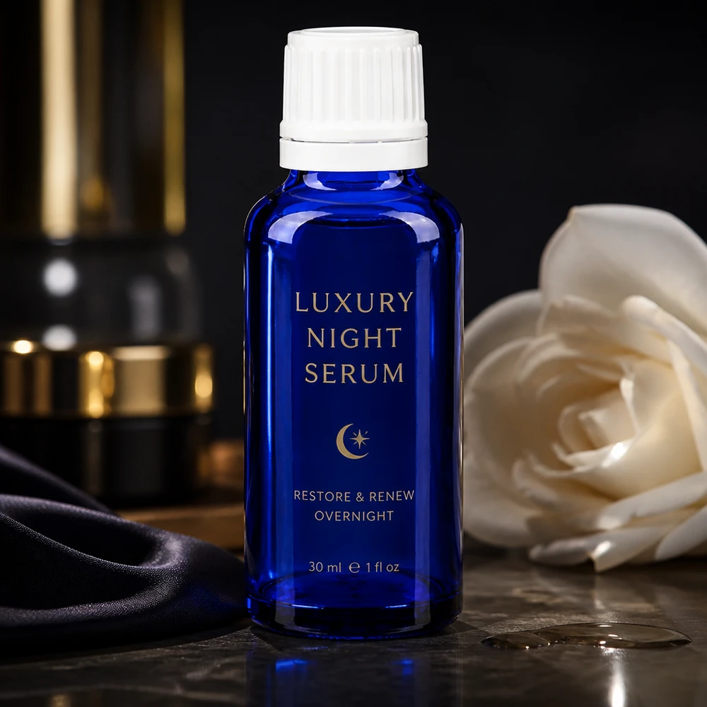 Flacon à pharmacie bleu 30ml bouchon compte-gouttes 1.2mm blanc bouchon inviolabilité Flacon pharmaceutique bleu cobalt de 30 ml muni d'un compte-gouttes de 0,7 mm, à côté d'une rose blanche sur fond sombre