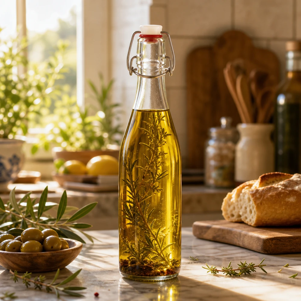 Bouteille en verre de 500 ml + bouchon mécanique PVC UNiTWIST Bouteille en verre de 500ml avec bouchon à étrier remplie d'huile aux herbes Rosmarин cuisine méditerranéenne conservation huile aux épices