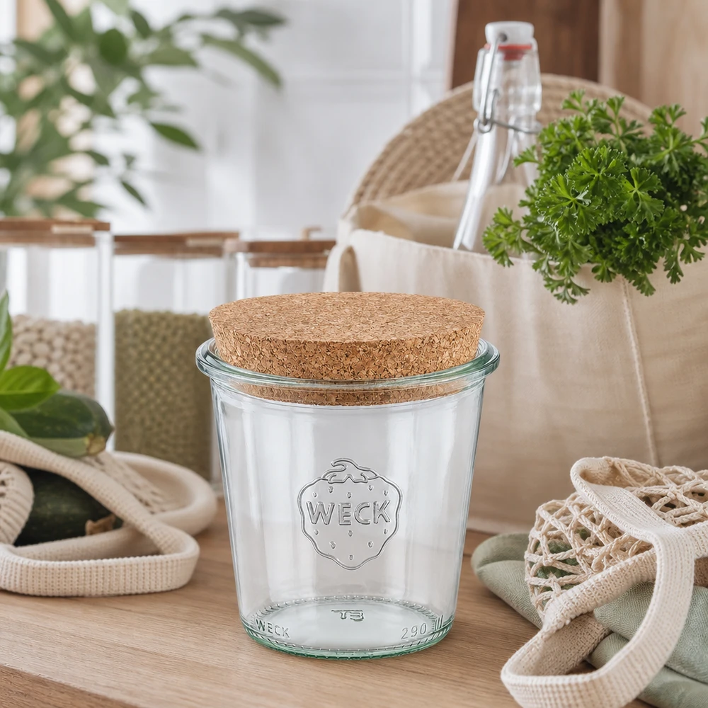 290ml bocal conique haut WECK RR80 avec bouchon nature WECK Verre renversé 290ml RR80 avec bouchon en liège naturel dans la cuisine durable zéro déchet entre les bouteilles réutilisables et les sacs en tissu