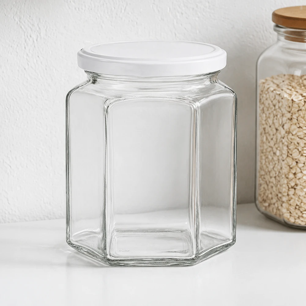 Pot à miel 400 g avec couvercle blanc BasicSeal UNiTWIST Pot de miel vide de 400g hexagonal avec couvercle blanc à côté du pot de réserve avec flocons d'avoine sur une étagère de cuisine blanche