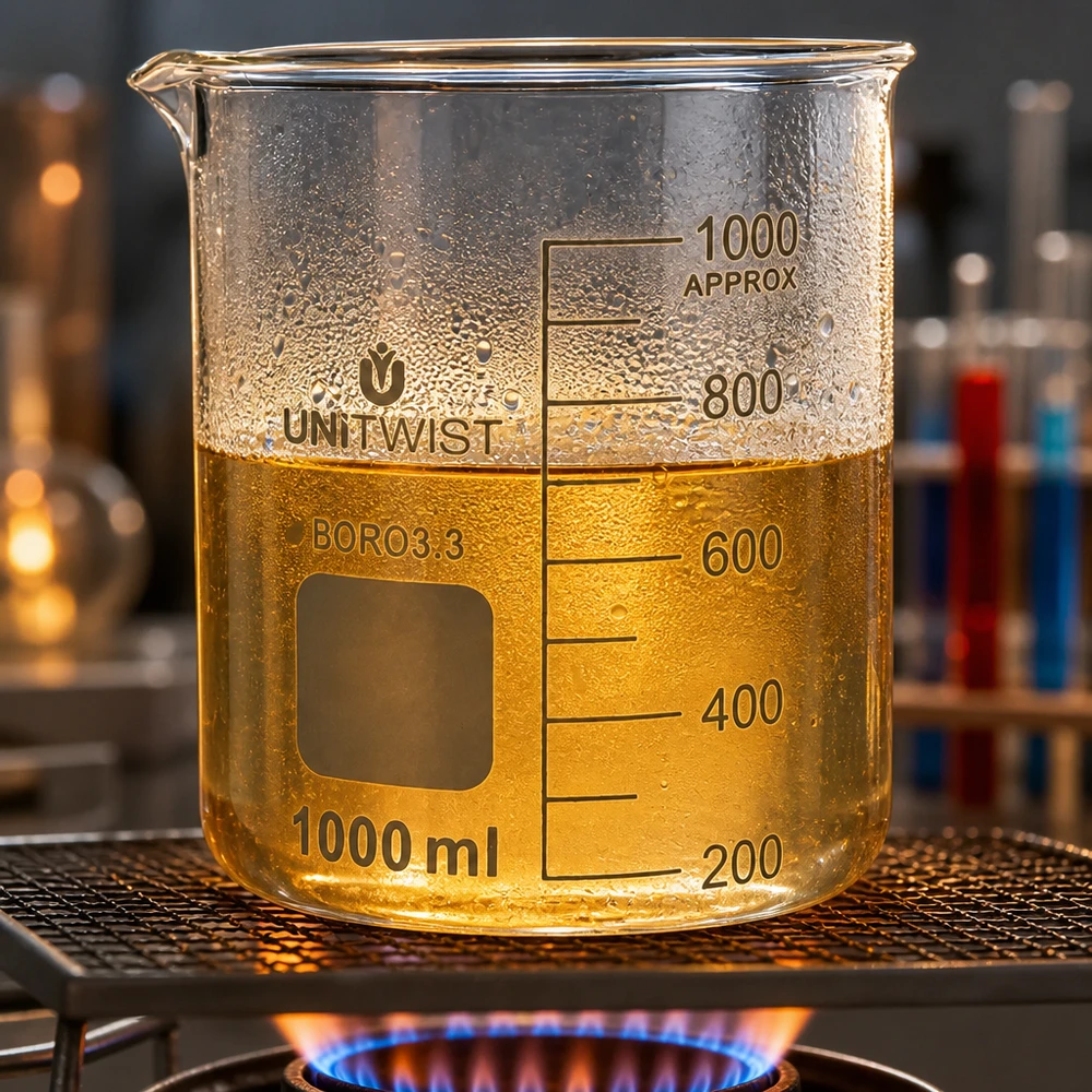 Bécher bas de 1 000 ml en verre borosilicaté, rempli d'un produit chimique jaunâtre lors du chauffage
