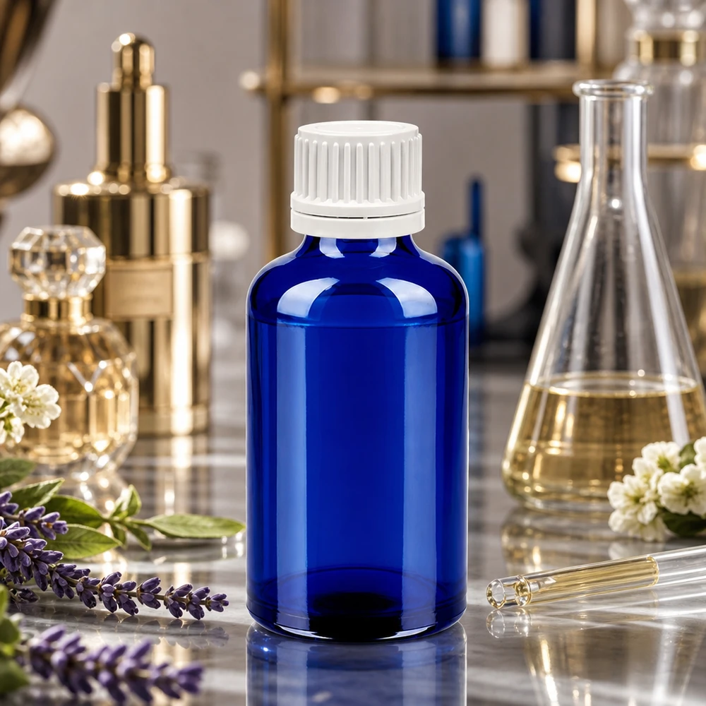 Flacon compte-goutte 50ml 0.7mm blanc OV BlueLine UT18/50 Flacon en verre bleu résistant aux UV de 50 ml avec bouchon blanc à l'épreuve des enfants pour le laboratoire et le cabinet médical