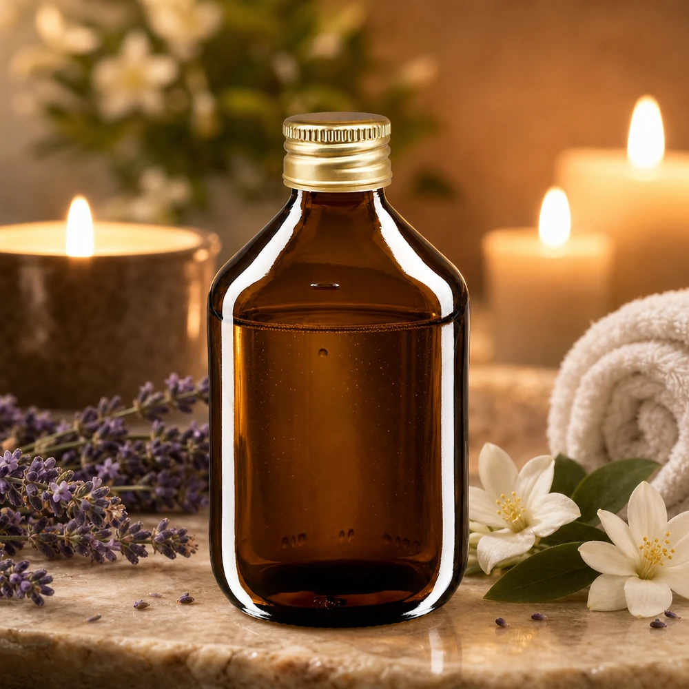 Bouteille médicinale marron foncé de 300ml avec un bouchon élégant en aluminium, idéale pour l'aromathérapie