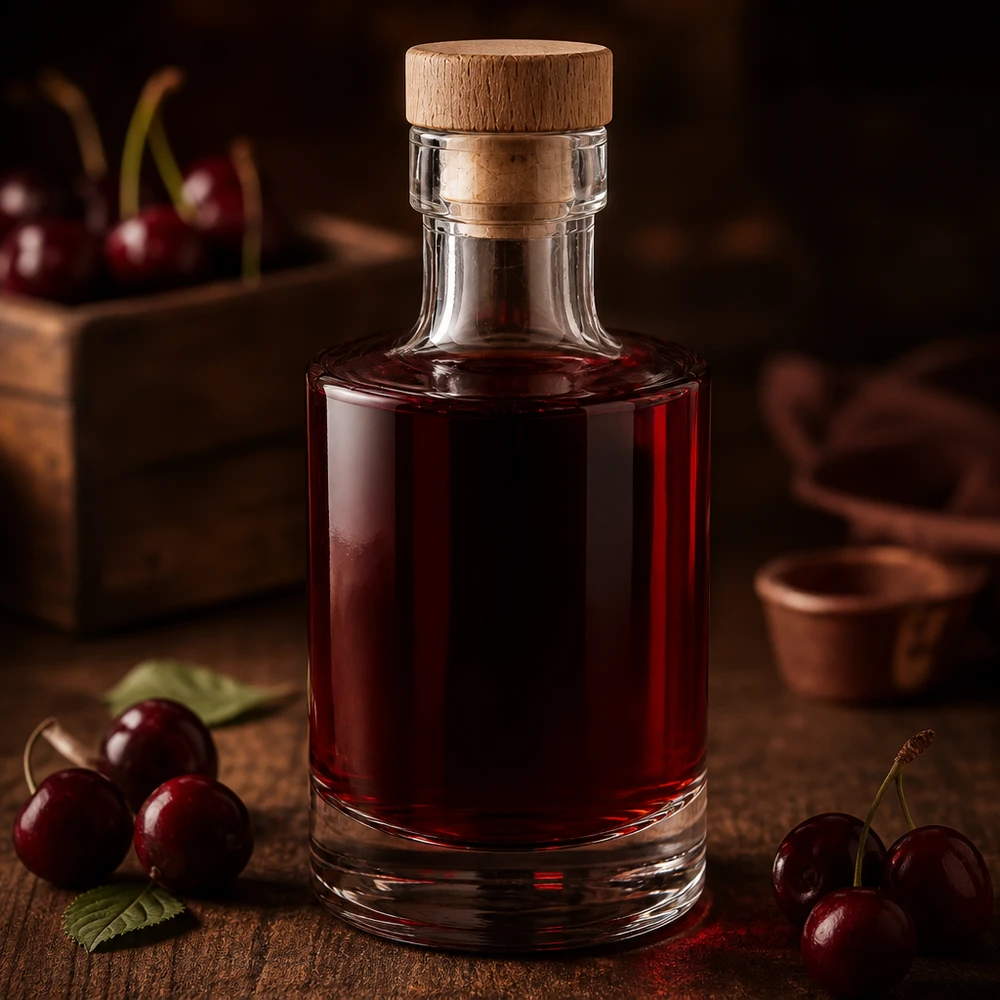 Bouteille en verre Marie de 200 ml remplie de liqueur de cerise rouge foncé, bouchon en bois, décorée de cerises fraîches sur un fond en bois.