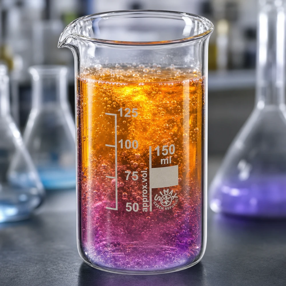 Bécher 150ml en verre borosilicate résistant à la chaleur (forme haute) Récipient de laboratoire en verre transparent, modèle haut de 150 ml, contenant des échantillons de laboratoire de couleur orange vif et violet