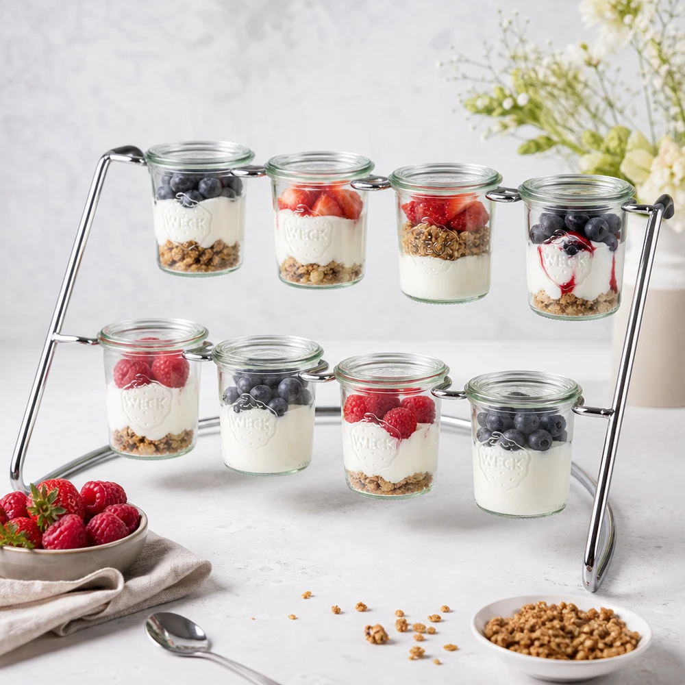 Présentoir Flato8 pour 8 bocaux WECK Support de service Flato8 avec yaourt parfait et baies dans des verres WECK comme buffet de desserts sur un plateau en marbre blanc
