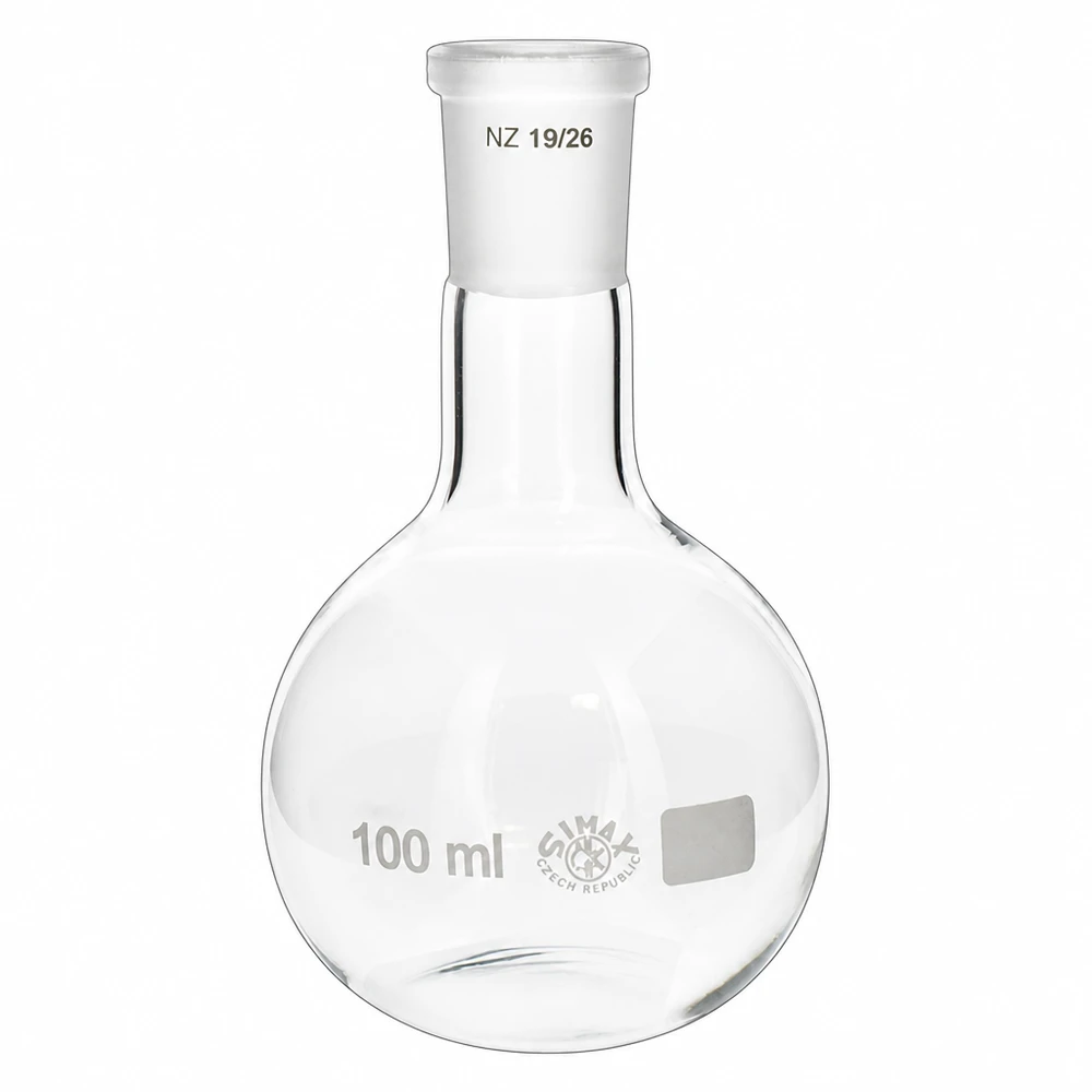 Ballon à fond plat 100 ml à col étroit, en verre borosilicate avec rodage normalisé 19/26 Ballon à fond plat 100 millilitres forme bulbeuse rodage standard 19/26 pour des travaux de laboratoire précis