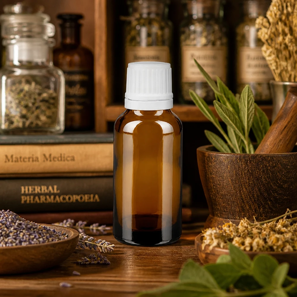 Flacon opacisé de 20 ml muni d'un bouchon de sécurité blanc pour enfants, destiné à la « Materia Medica » et à la « Herbal Pharmacopoeia »