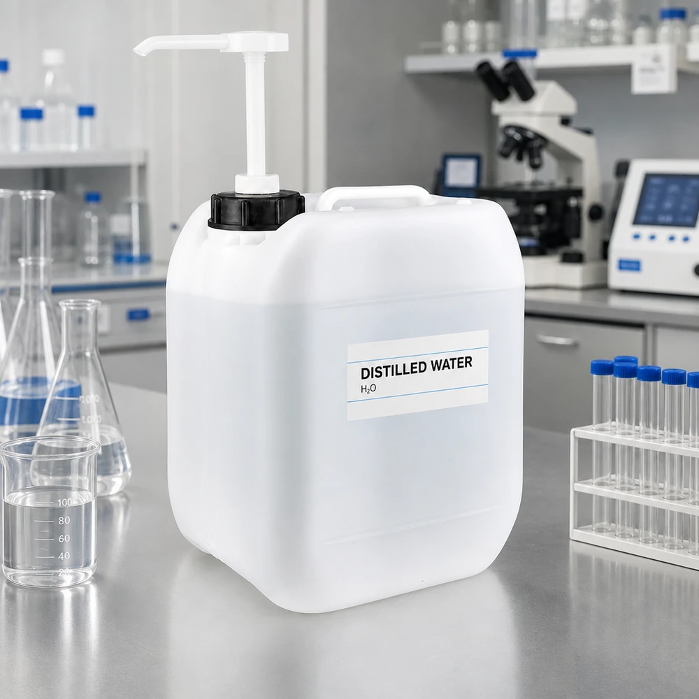Bidon en plastique transparent de 5 litres avec pompe doseuse, destiné à un usage professionnel en laboratoire