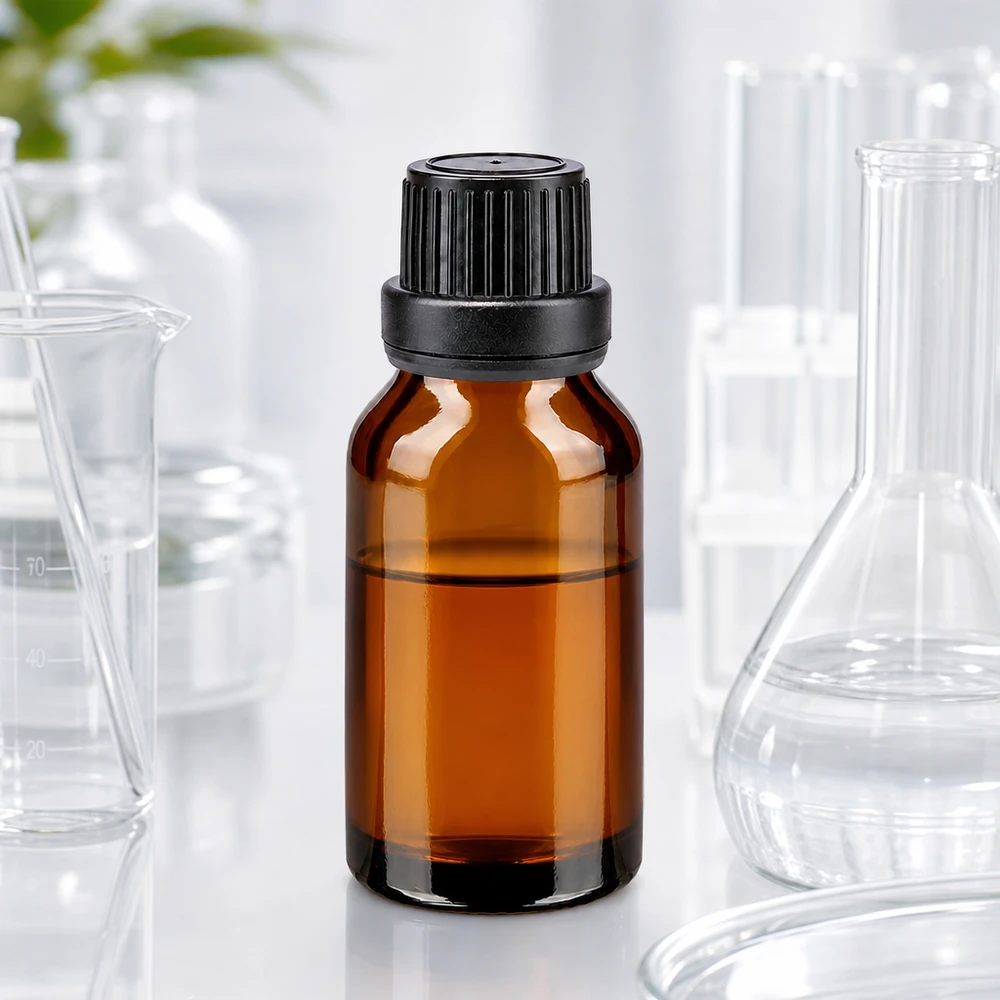 Flacon de pharmacie de 15 ml en verre brun protégeant des rayons UV, muni d'un bouchon noir et d'un joint d'étanchéité