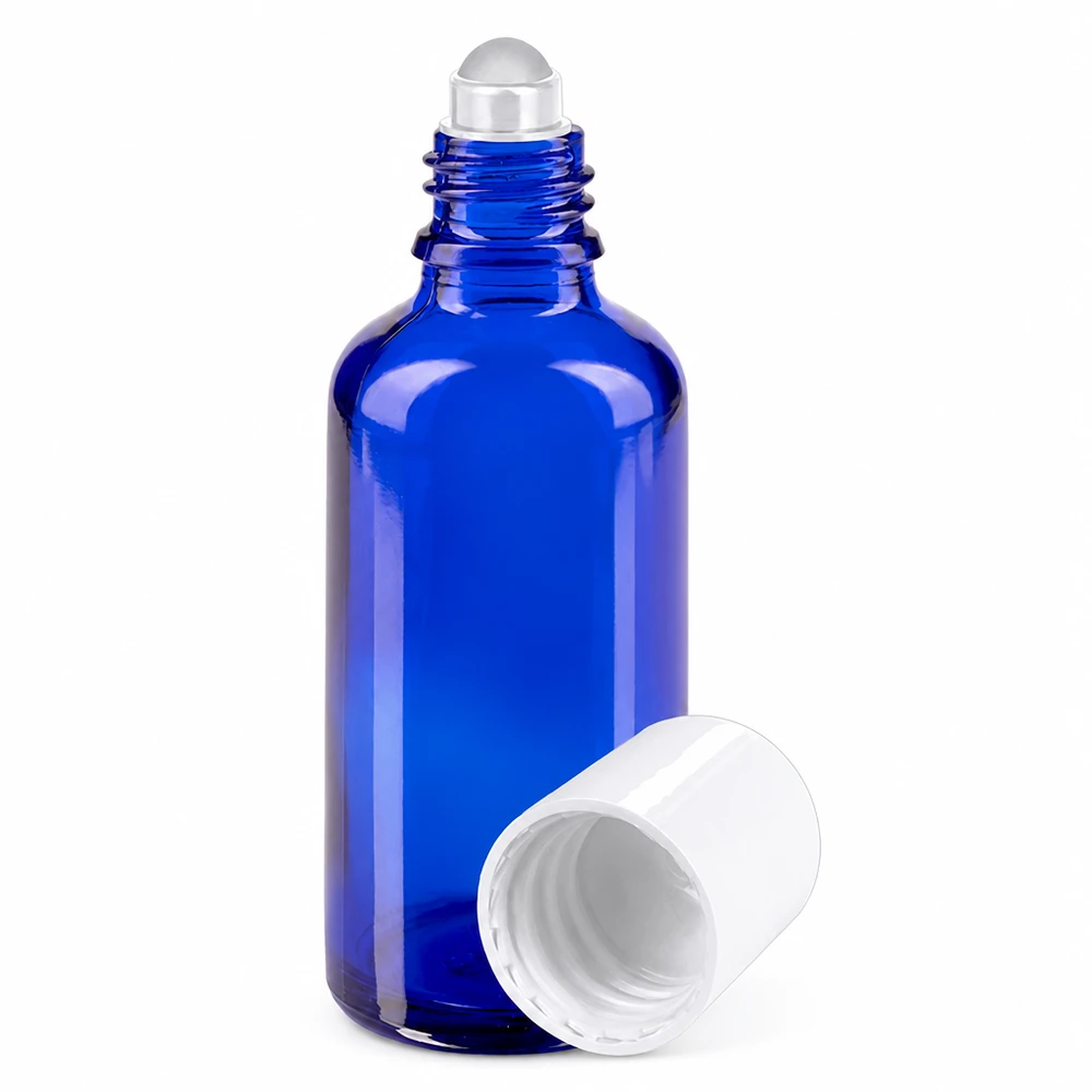 Flacon en verre bleu de 50 ml avec bille roll-on et bouchon à vis blanc pour huiles essentielles
