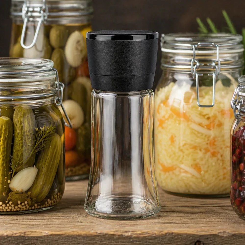 Pot à sel/épices 95 ml avec moulin Vario noir Pot à épices compact de 95 ml avec moulin Vario noir, parmi des légumes conservés dans des bocaux Weck