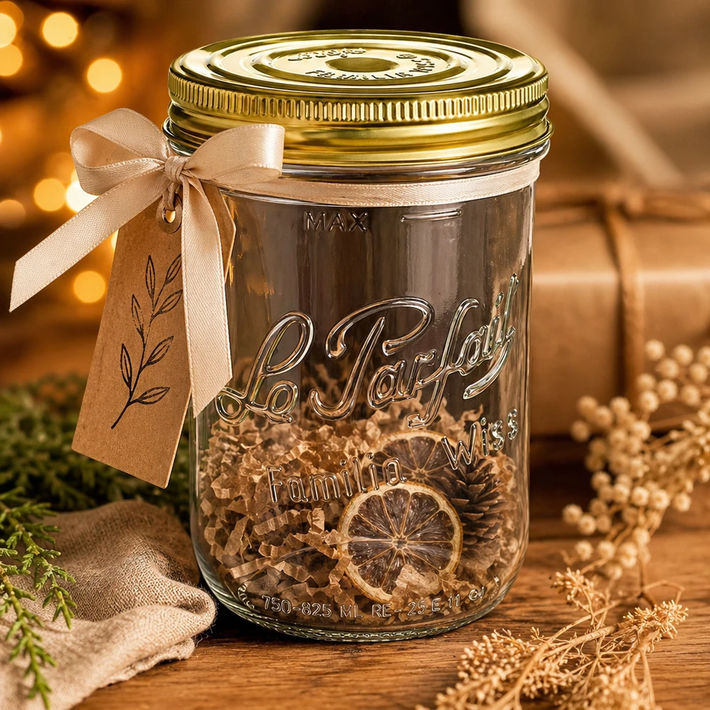 Verre plongeant Familia Wiss de 1020 ml avec couvercle doré et nœud beige rempli de rondelles d'agrumes séchés sur bâtonnet en bois.