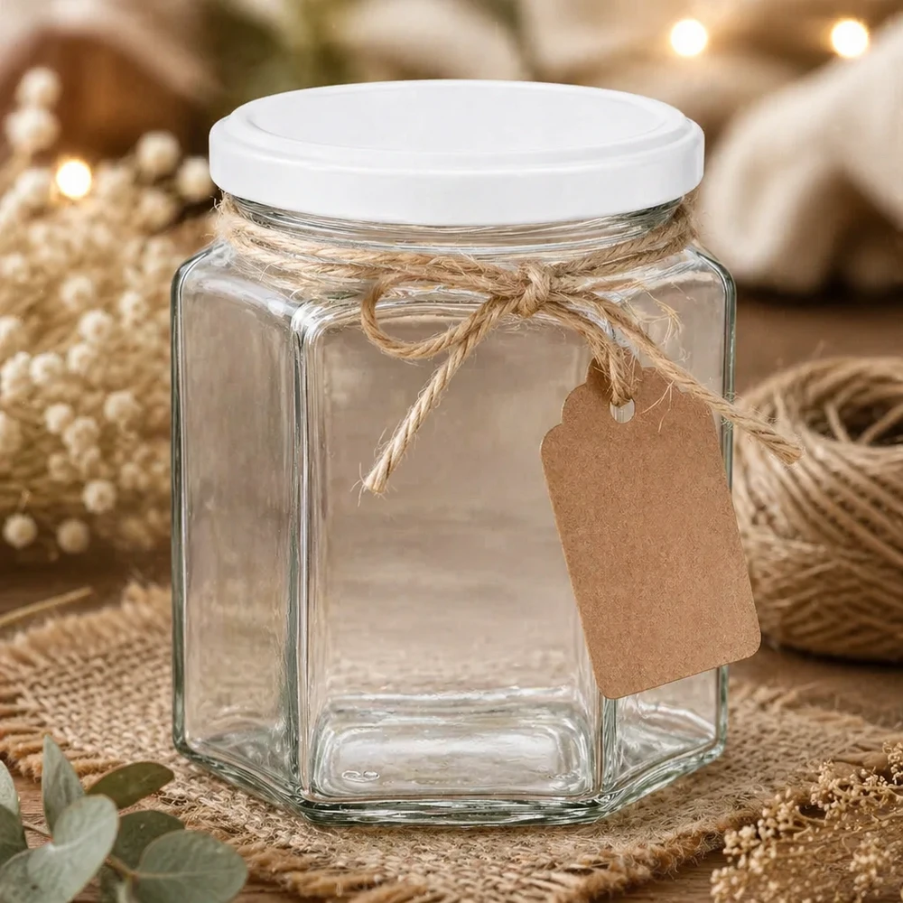 Pot de miel hexagonal vide de 400g avec pendentif en papier kraft et ficelle de jute comme emballage cadeau sur table naturelle