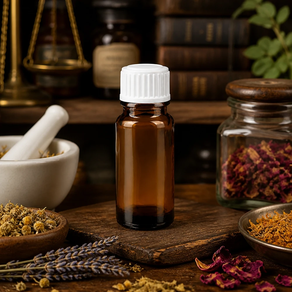Flacon en verre ambré avec protection UV, 10 ml, bouchon blanc, contenant des fleurs séchées et des herbes médicinales