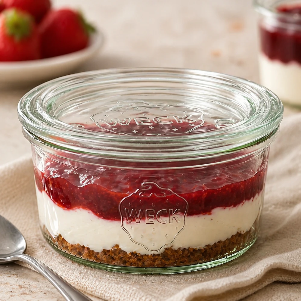 WECK Verre renversé 165ml RR80 rempli de dessert stratifié montre la polyvalence pour les desserts et le portionnement