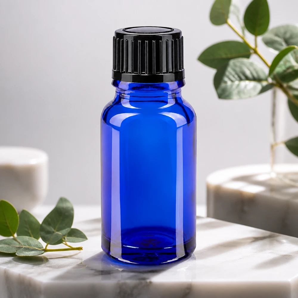 Flacon de pharmacie bleu 10ml bouchon vissable noir standart Flacon compte-gouttes bleu de 10 ml Apoglas, verre anti-UV SV STD noir, pour cosmétiques naturels