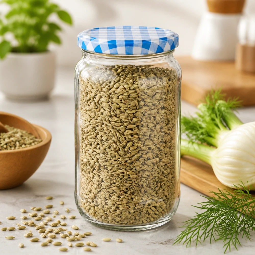 Bocal rond de 1062 ml rempli de graines de fenouil, couvercle BasicSeal à carreaux bleus et blancs, idéal pour conserver les épices dans la cuisine