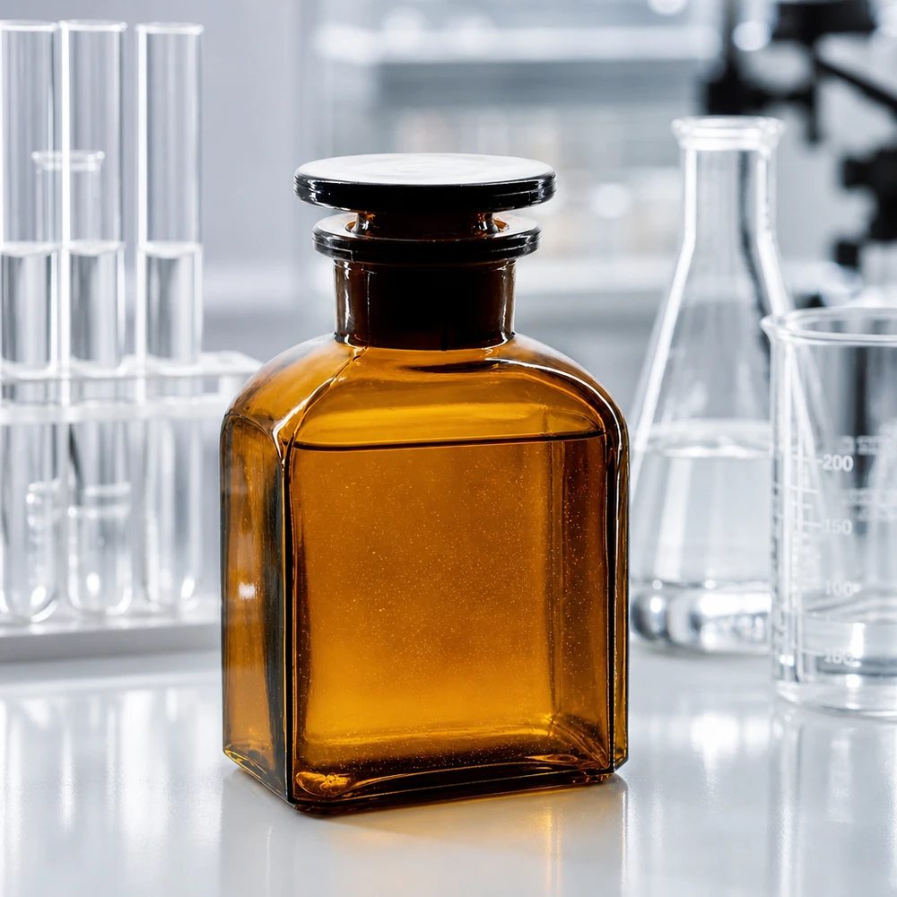 Flacon carré col large 150 ml + bouchon RIN, verre ambré Flacon de laboratoire marron de 150 ml, de forme carrée et muni d'un bouchon en verre, pour une conservation sûre des liquides
