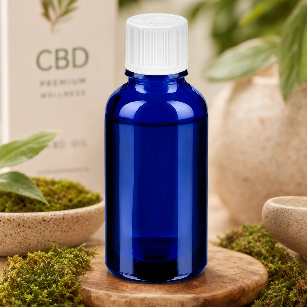 Flacon 30ml 11mm SV w. STD KiSi BlueLine UT18/30 Bouteille en verre bleu de 30ml avec fermeture de sécurité pour enfants pour les huiles CBD et les produits naturels