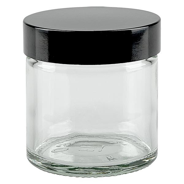 Pot en verre 60ml transparent, avec couvercle en bakélite noir Pot en verre 60ml transparent, avec couvercle en bakélite noir